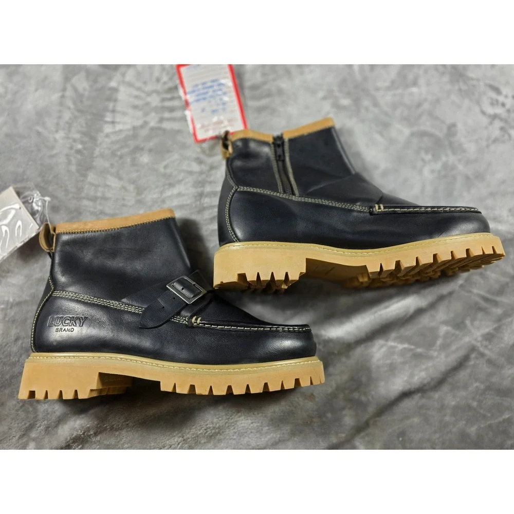 Lucky Brand Boots Men 9 Black Leather Moc Toe Monk Strap Lug Sole Factory Sample